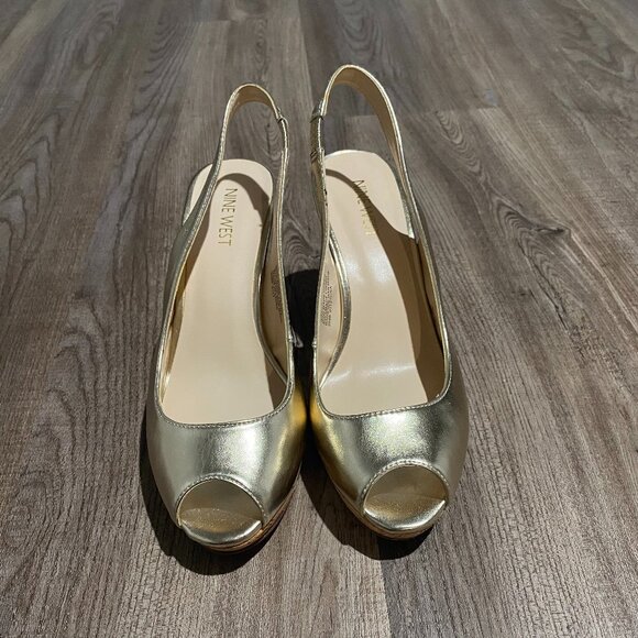 Nine West Gold Slingback Peep Toe Wedged Heels - Picture 1 of 3